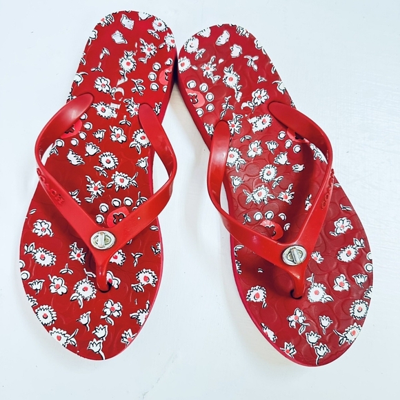 Coach Shoes - Coach Red Floral Rubber Flip Flops